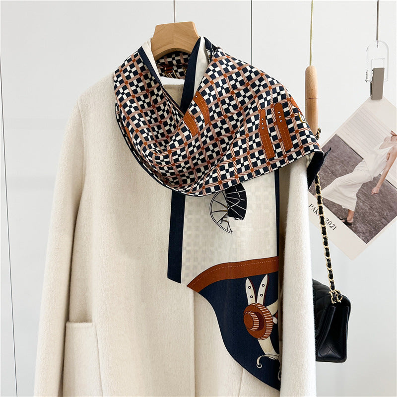 Horse Carriage Print Twilly – Reversible Silk Wool Scarf for Winter