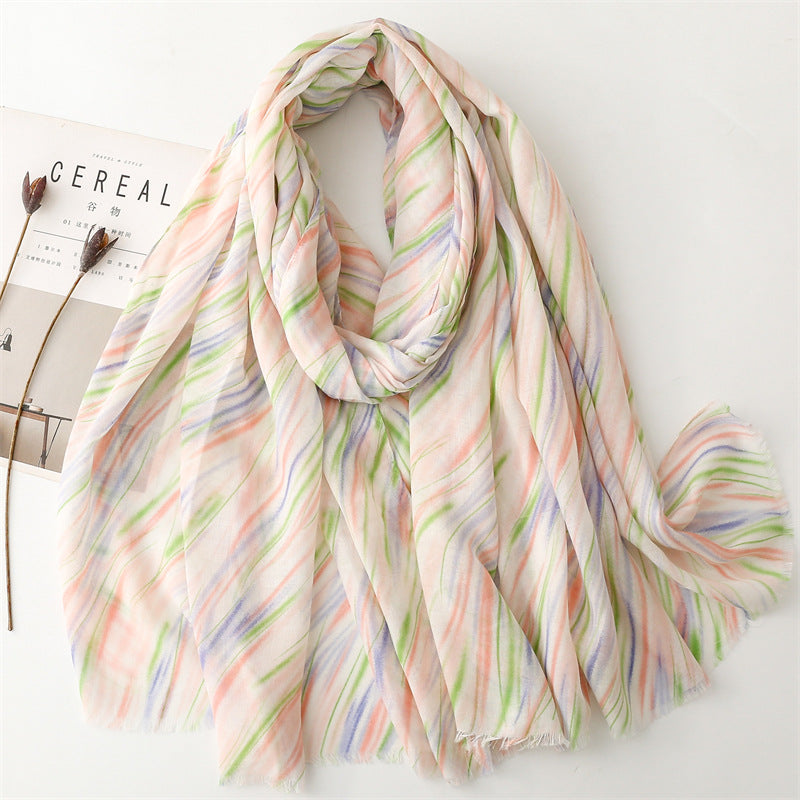 Spring and summer thin cotton and linen feel scarf colored striped geometric scarf warm shawl women