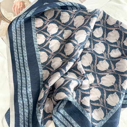 65cm Blue Lily of the Valley Mulberry Silk Scarf – Elegant Square Silk Shawl for Women, Fresh &amp; Versatile Accessory