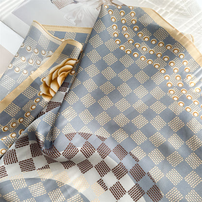 65cm Mulberry Silk Scarf – Digital 5 Grid Pattern Square Silk Shawl for Women, Elegant &amp; Versatile Accessory