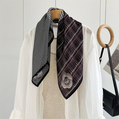 65cm Mulberry Silk Scarf – Plaid, Houndstooth &amp; Rose Print Double Crepe Square Shawl for Spring &amp; Summer