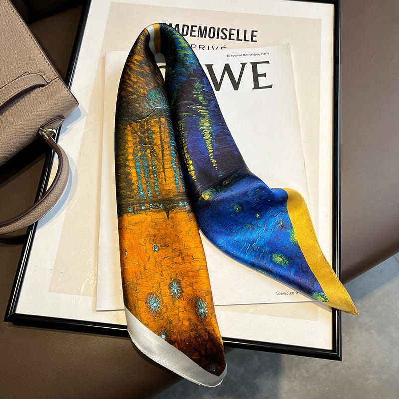 2色パッチワーク油絵 桑100% シルクスカーフ/シルクヘッドスカーフ/シルクヘアスカーフ/シルクネックスカーフ/母の日ギフト/バッグアクセサリー/彼女へのギフト