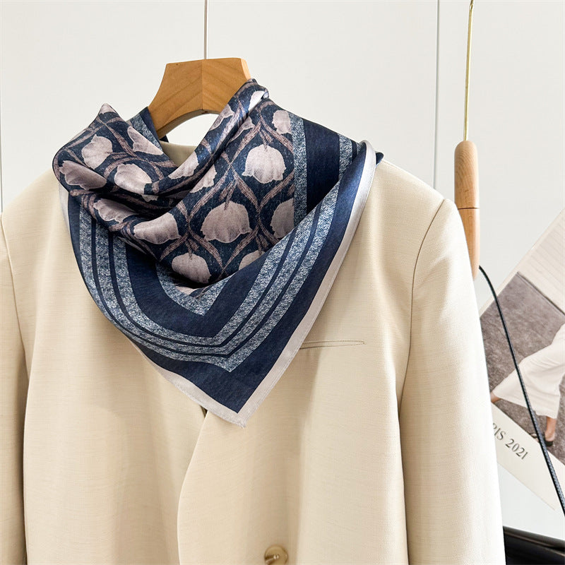 65cm Blue Lily of the Valley Mulberry Silk Scarf – Elegant Square Silk Shawl for Women, Fresh &amp; Versatile Accessory