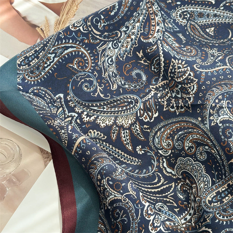 65cm Mulberry Silk Classic Paisley Scarf – Navy Blue Double Crepe Square Shawl for Spring &amp; Summer