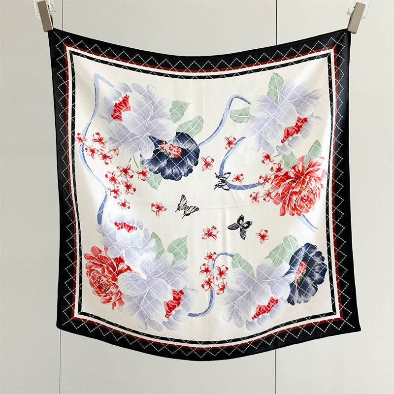 65cm Mulberry Silk Floral Peony Scarf – Double Crepe Square Shawl for Spring &amp; Summer