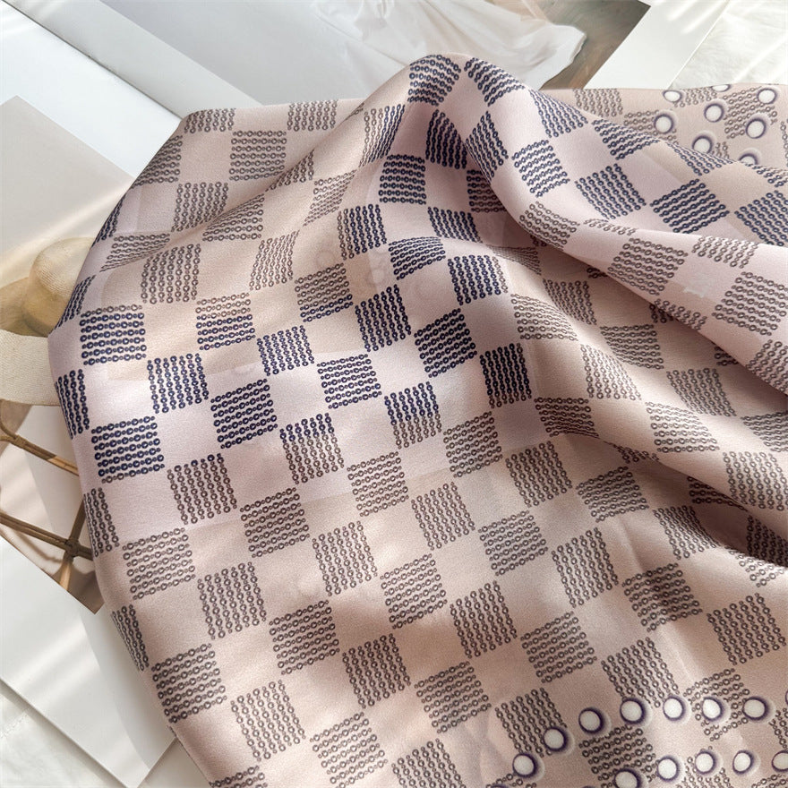 65cm Mulberry Silk Scarf – Digital 5 Grid Pattern Square Silk Shawl for Women, Elegant &amp; Versatile Accessory