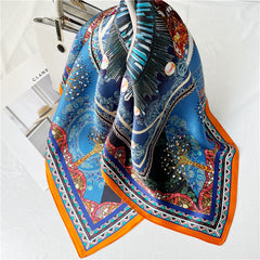 26'' Blue Gem Elephant Mulberry Silk Scarf – Artistic Square Silk Shawl for Women, Luxurious & Exotic Accessory