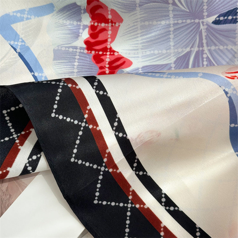 65cm Mulberry Silk Floral Peony Scarf – Double Crepe Square Shawl for Spring &amp; Summer