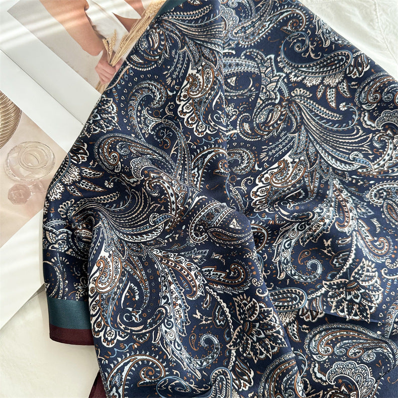 65cm Mulberry Silk Classic Paisley Scarf – Navy Blue Double Crepe Square Shawl for Spring &amp; Summer
