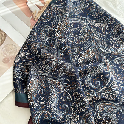 65cm Mulberry Silk Classic Paisley Scarf – Navy Blue Double Crepe Square Shawl for Spring &amp; Summer