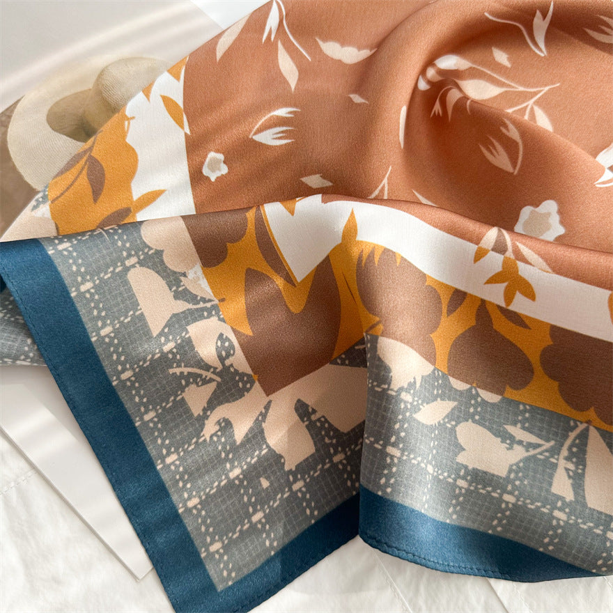 65cm Fresh Floral Mulberry Silk Scarf – Elegant Square Silk Shawl for Women, Lightweight &amp; Versatile Accessory