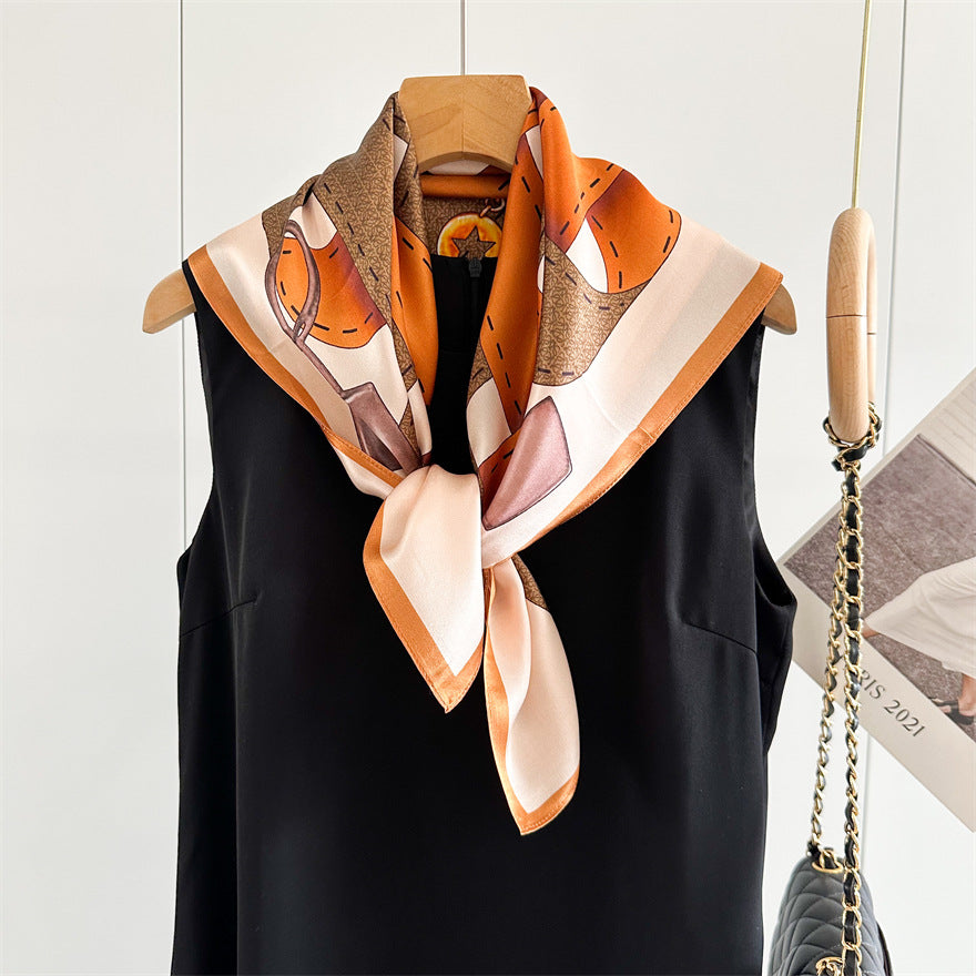 65cm Belt Pattern Mulberry Silk Scarf – Square Silk Shawl for Women, Elegant &amp; Versatile Accessory
