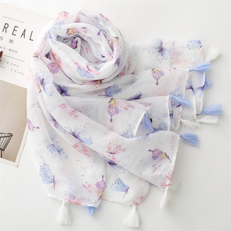 Summer and autumn new butterfly sequin printed cotton and linen  scarf air conditioner sunscreen shawl scarf women