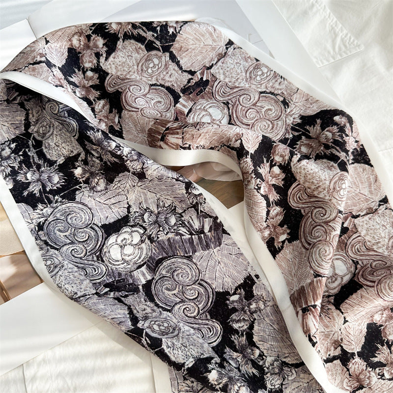 Camellia Double-Sided Mulberry Silk Scarf | Artistic Long Ribbon for Spring &amp; Summer