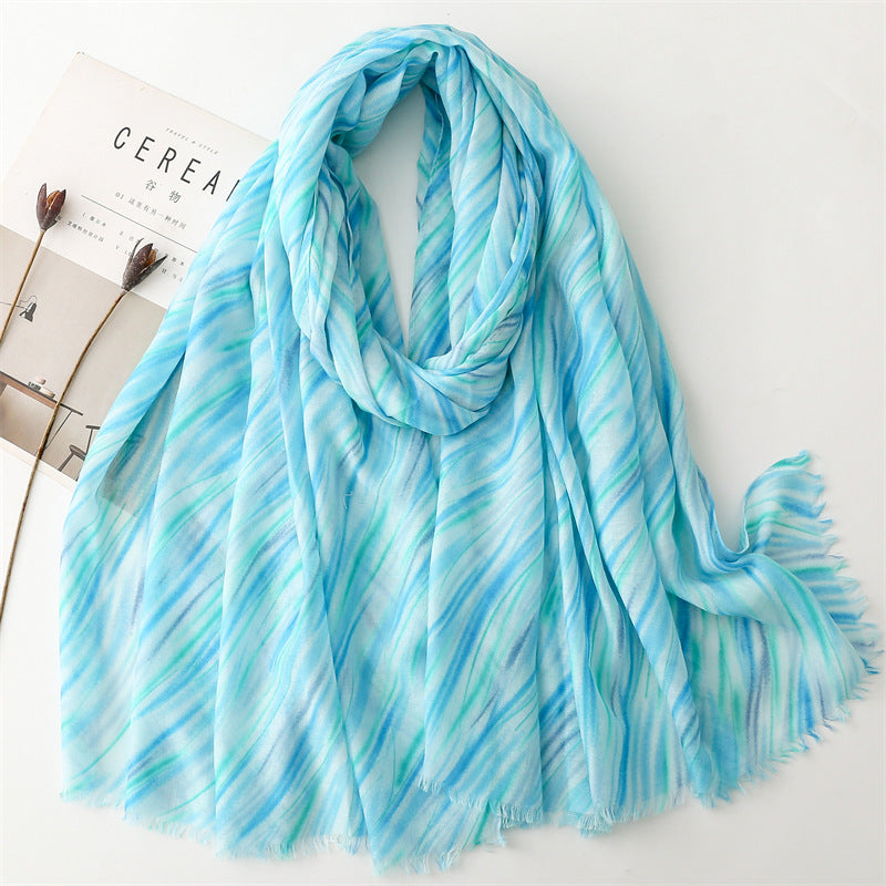 Spring and summer thin cotton and linen feel scarf colored striped geometric  scarf warm shawl women