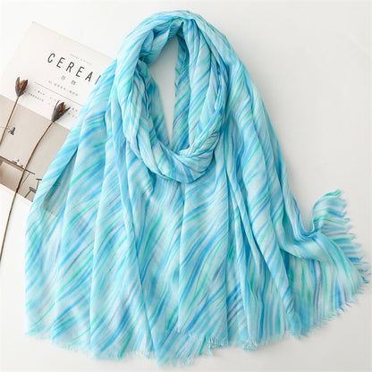 Spring and summer thin cotton and linen feel scarf colored striped geometric  scarf warm shawl women