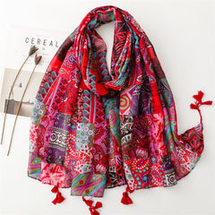 Vintage Wear Accessories Cotton and Linen Feel Bali Yarn Scarf Ethnic Style Red Bohemian Tassel  Shawl