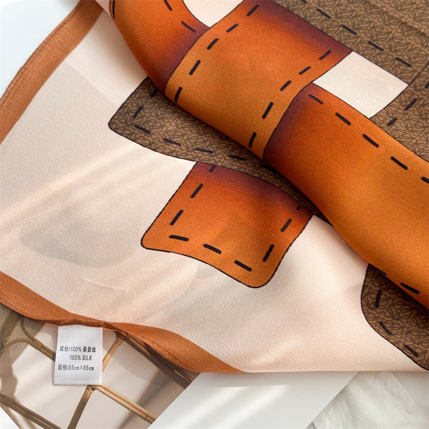 65cm Belt Pattern Mulberry Silk Scarf – Square Silk Shawl for Women, Elegant &amp; Versatile Accessory