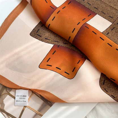 65cm Belt Pattern Mulberry Silk Scarf – Square Silk Shawl for Women, Elegant &amp; Versatile Accessory