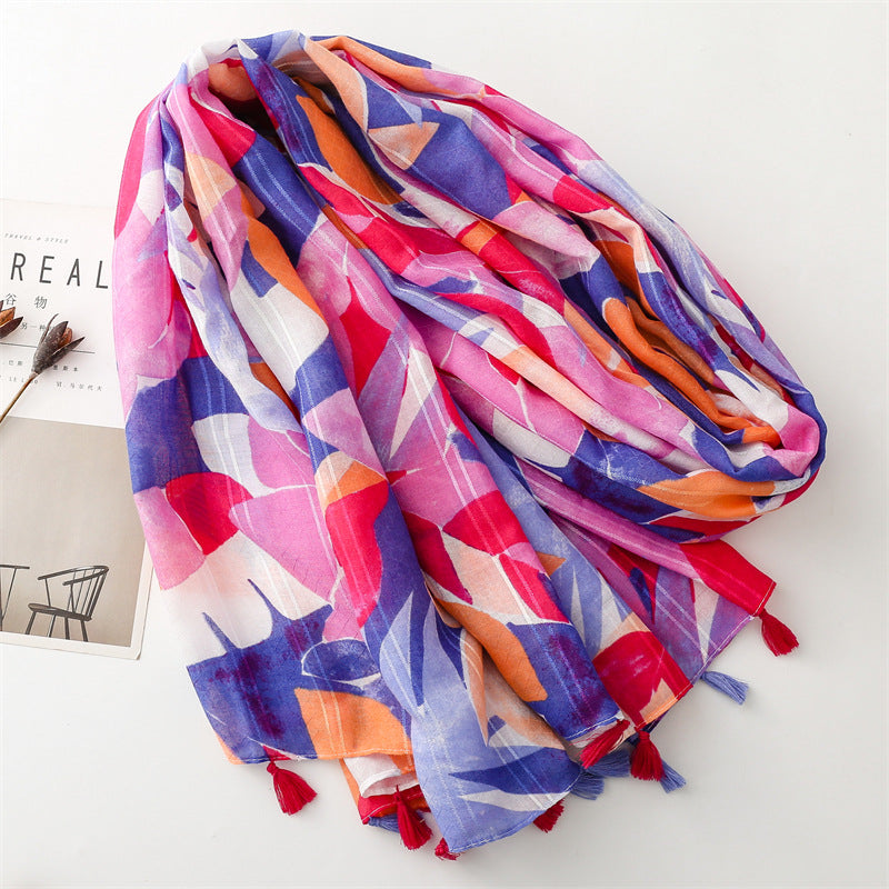 scarf cotton and linen feel Bali yarn thin with silver  scarf colored leaves fashion lady style shawl women