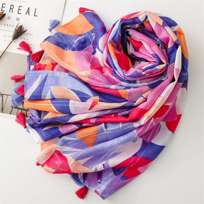 scarf cotton and linen feel Bali yarn thin with silver  scarf colored leaves fashion lady style shawl women