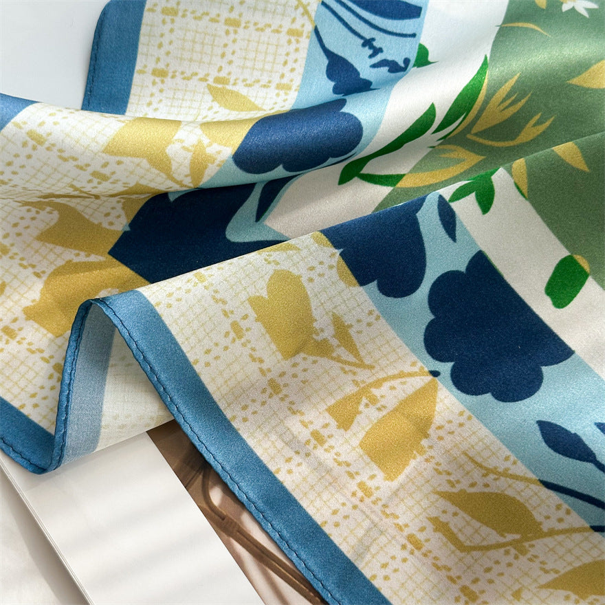 65cm Fresh Floral Mulberry Silk Scarf – Elegant Square Silk Shawl for Women, Lightweight &amp; Versatile Accessory