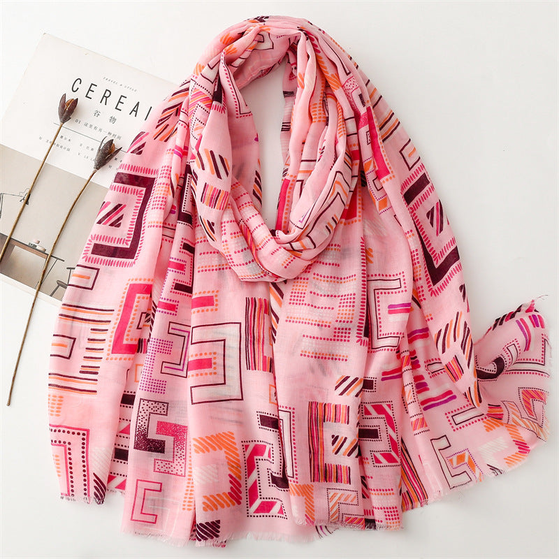 Spring and summer thin cotton and linen feel scarf colored magnet geometric  scarf shawl women
