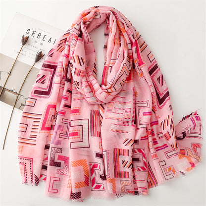 Spring and summer thin cotton and linen feel scarf colored magnet geometric  scarf shawl women