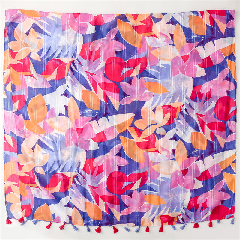 scarf cotton and linen feel Bali yarn thin with silver  scarf colored leaves fashion lady style shawl women