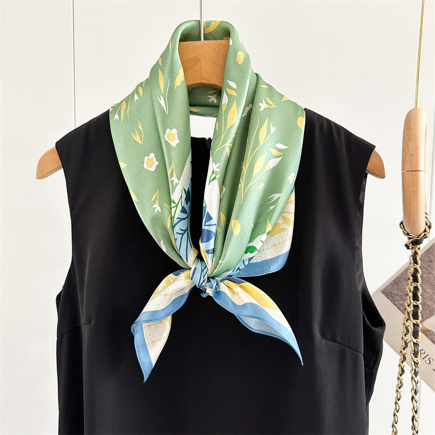 65cm Fresh Floral Mulberry Silk Scarf – Elegant Square Silk Shawl for Women, Lightweight &amp; Versatile Accessory