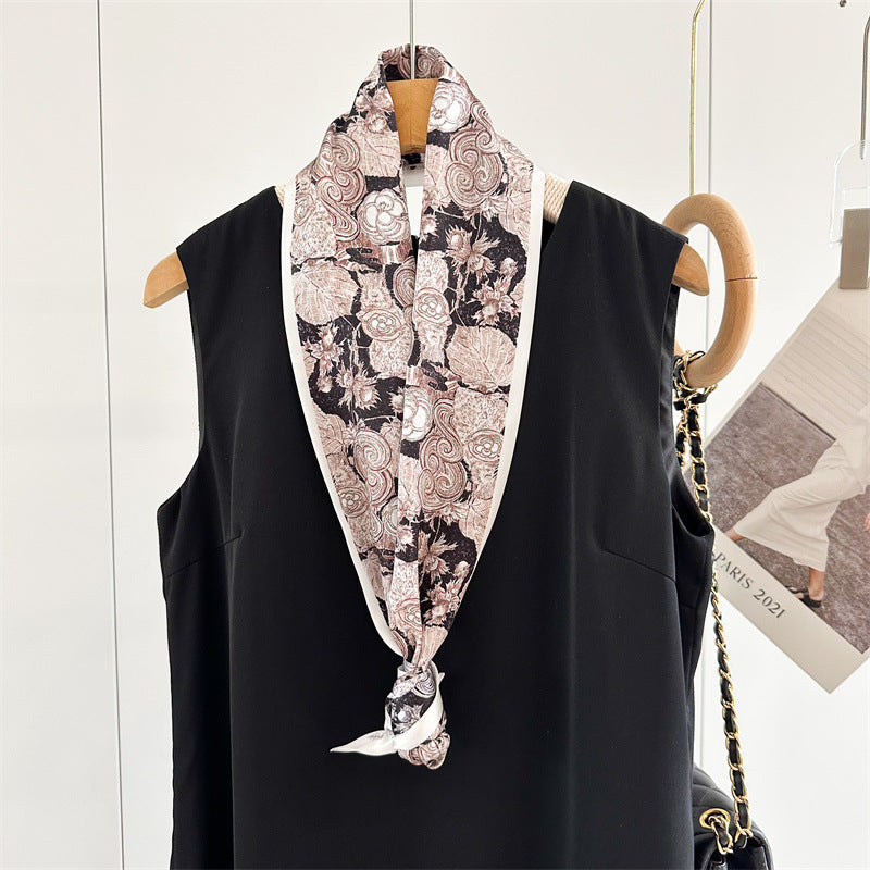 Camellia Double-Sided Mulberry Silk Scarf | Artistic Long Ribbon for Spring &amp; Summer