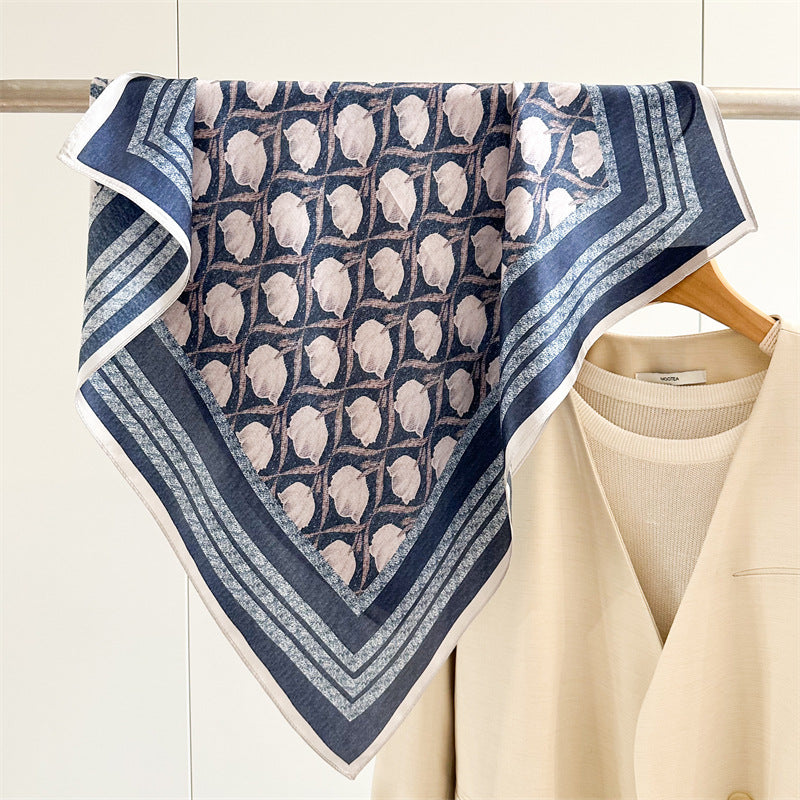 65cm Blue Lily of the Valley Mulberry Silk Scarf – Elegant Square Silk Shawl for Women, Fresh &amp; Versatile Accessory