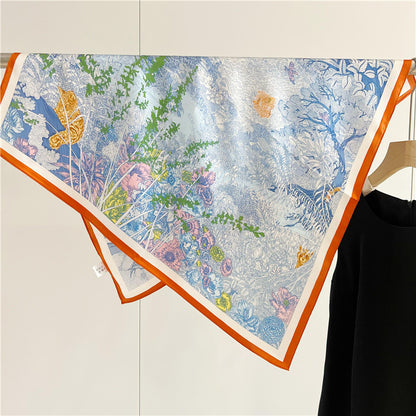 65cm Mulberry Silk Whimsical Garden Scarf Double Crepe Spring Summer Square Shawl