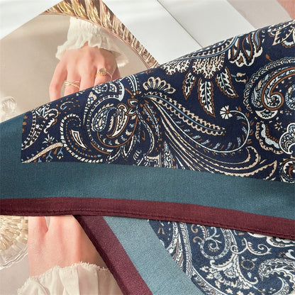 65cm Mulberry Silk Classic Paisley Scarf – Navy Blue Double Crepe Square Shawl for Spring &amp; Summer