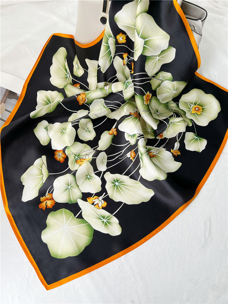 65cm Lotus Leaf Mulberry Silk Scarf – Women’s Autumn Style, Versatile Chinese Square Silk Scarf