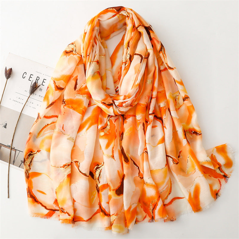 Autumn and winter cotton and linen feel scarf bronzing water flower ink painting rough edge  scarf warm shawl
