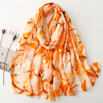 Autumn and winter cotton and linen feel scarf bronzing water flower ink painting rough edge  scarf warm shawl