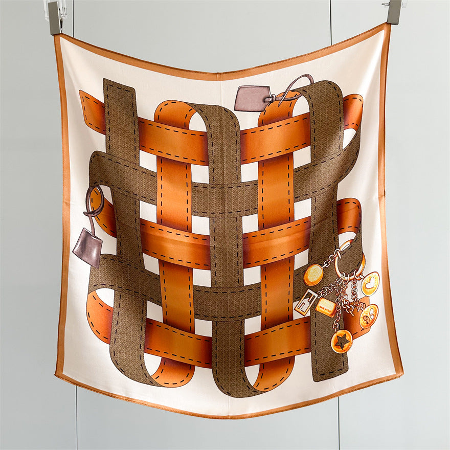 65cm Belt Pattern Mulberry Silk Scarf – Square Silk Shawl for Women, Elegant &amp; Versatile Accessory