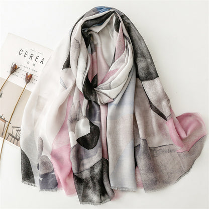 Spring and summer thin cotton and linen feel scarf creative geometric rough edge  scarf warm shawl women