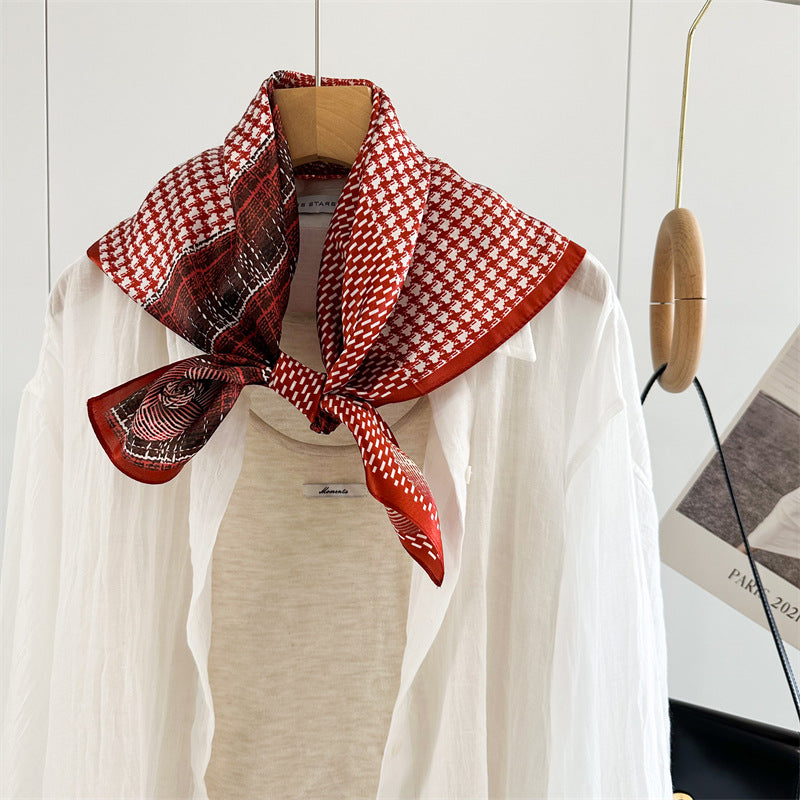 65cm Mulberry Silk Scarf – Plaid, Houndstooth &amp; Rose Print Double Crepe Square Shawl for Spring &amp; Summer