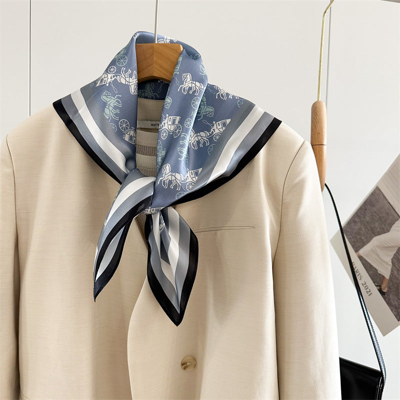 Denim Blue Carriage Print Mulberry Silk Scarf – 65cm Square Double Crepe Shawl