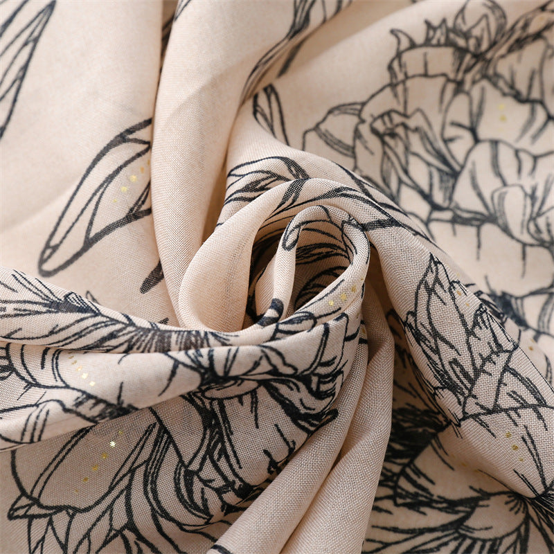 Scarf travel sunscreen  scarf Hanfu accessories photo retro ethnic style khaki big flower bronzing shawl