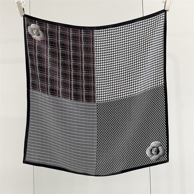 65cm Mulberry Silk Scarf – Plaid, Houndstooth &amp; Rose Print Double Crepe Square Shawl for Spring &amp; Summer