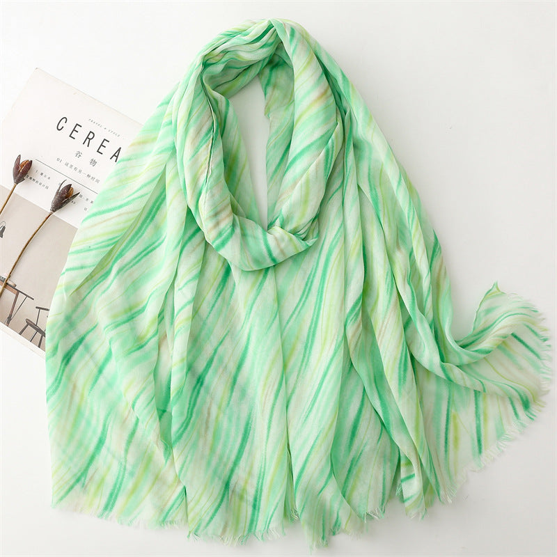 Spring and summer thin cotton and linen feel scarf colored striped geometric  scarf warm shawl women
