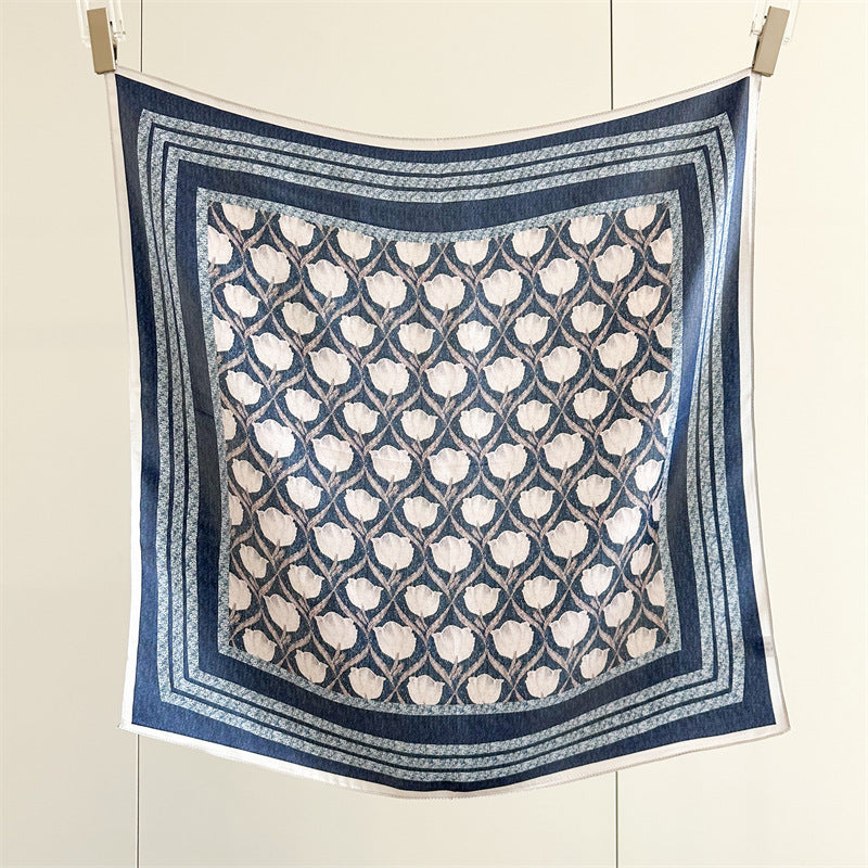 65cm Blue Lily of the Valley Mulberry Silk Scarf – Elegant Square Silk Shawl for Women, Fresh &amp; Versatile Accessory