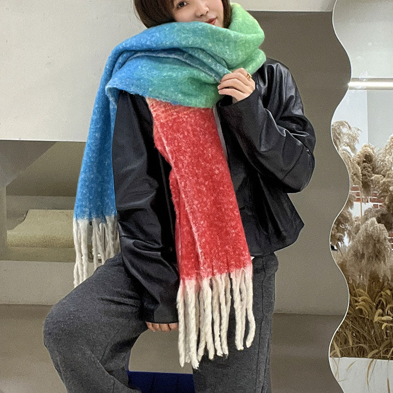 New Autumn and Winter Korean Style Thickened Students Warm-Keeping Plaid British Gradient Contrast Artificial Cashmere Scarf