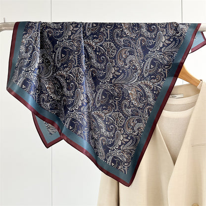 65cm Mulberry Silk Classic Paisley Scarf – Navy Blue Double Crepe Square Shawl for Spring &amp; Summer