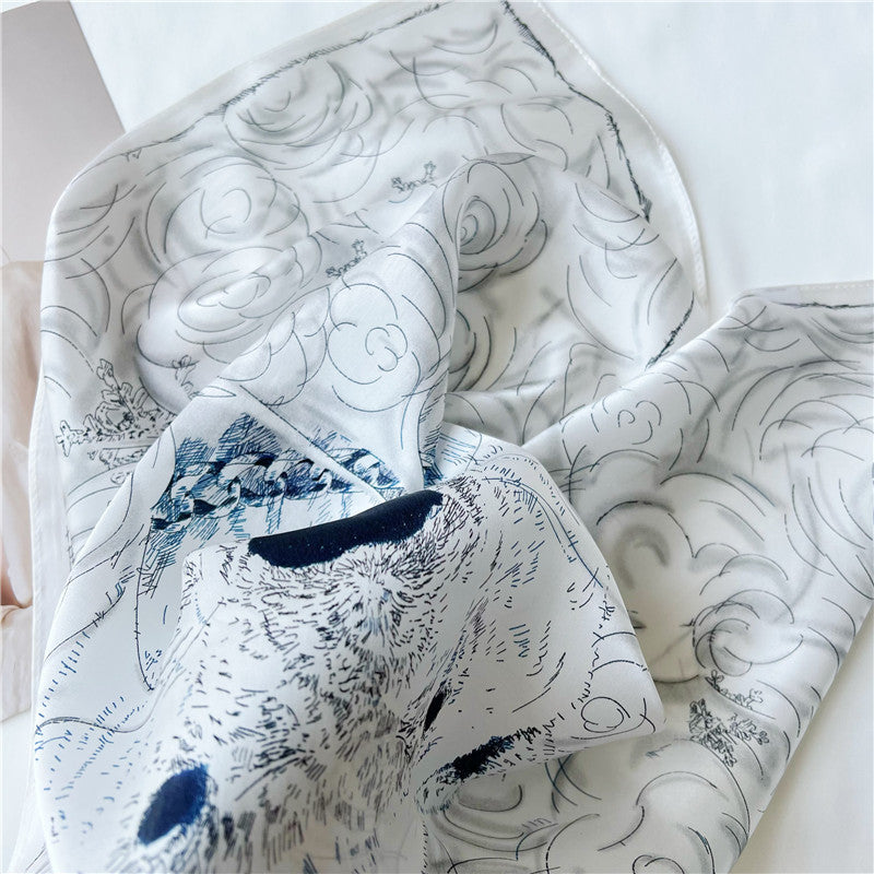 65cm Polar Bear Print Mulberry Silk Scarf – Cute Animal Square Shawl