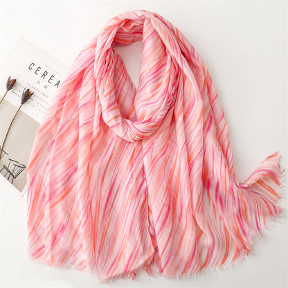 Spring and summer thin cotton and linen feel scarf colored striped geometric  scarf warm shawl women