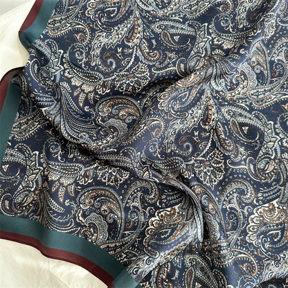 65cm Mulberry Silk Classic Paisley Scarf – Navy Blue Double Crepe Square Shawl for Spring &amp; Summer